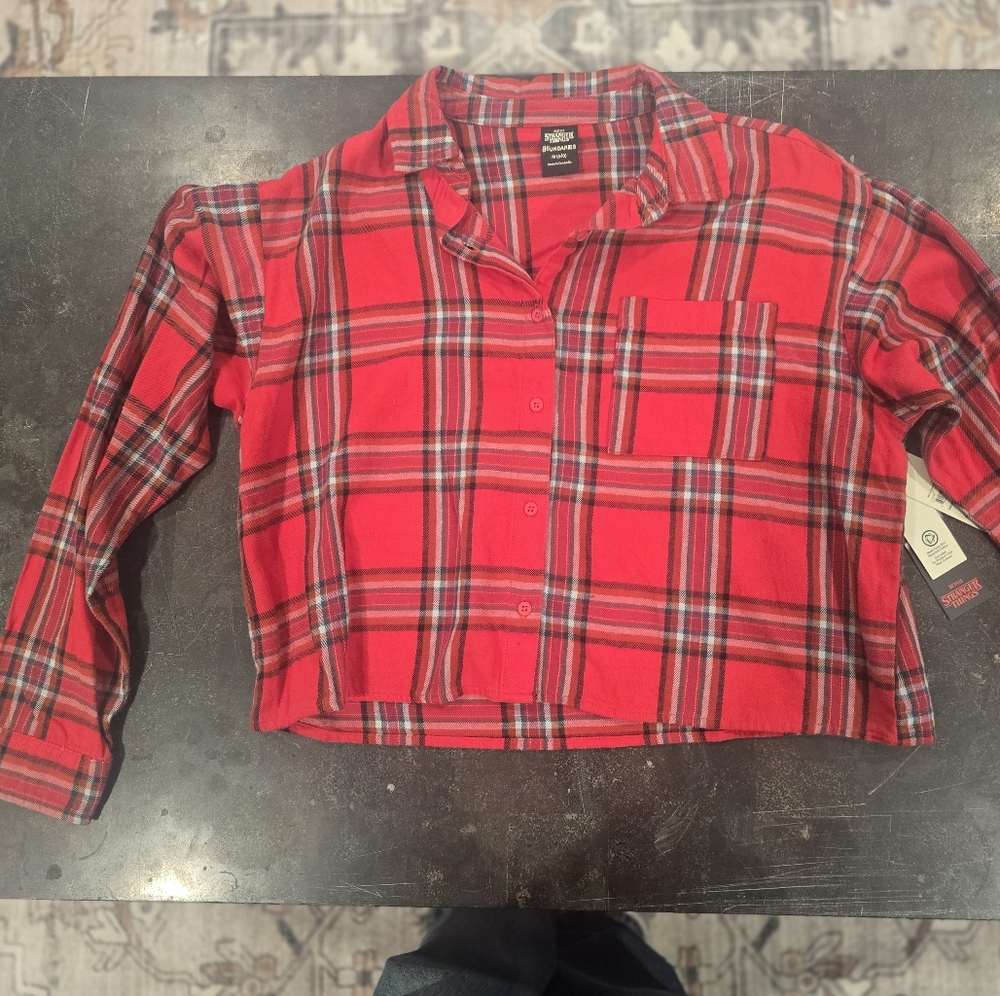 Netflix Red Plaid Cropped Button-Up Top